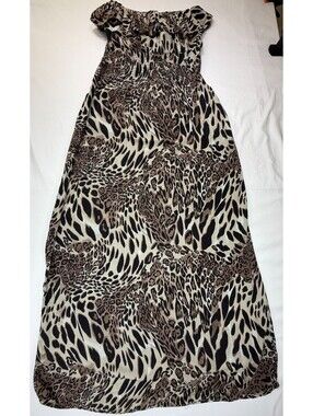 579 Women's  Fit & Flare Dress Off Shoulder Rayon Animal Print Size S Brown